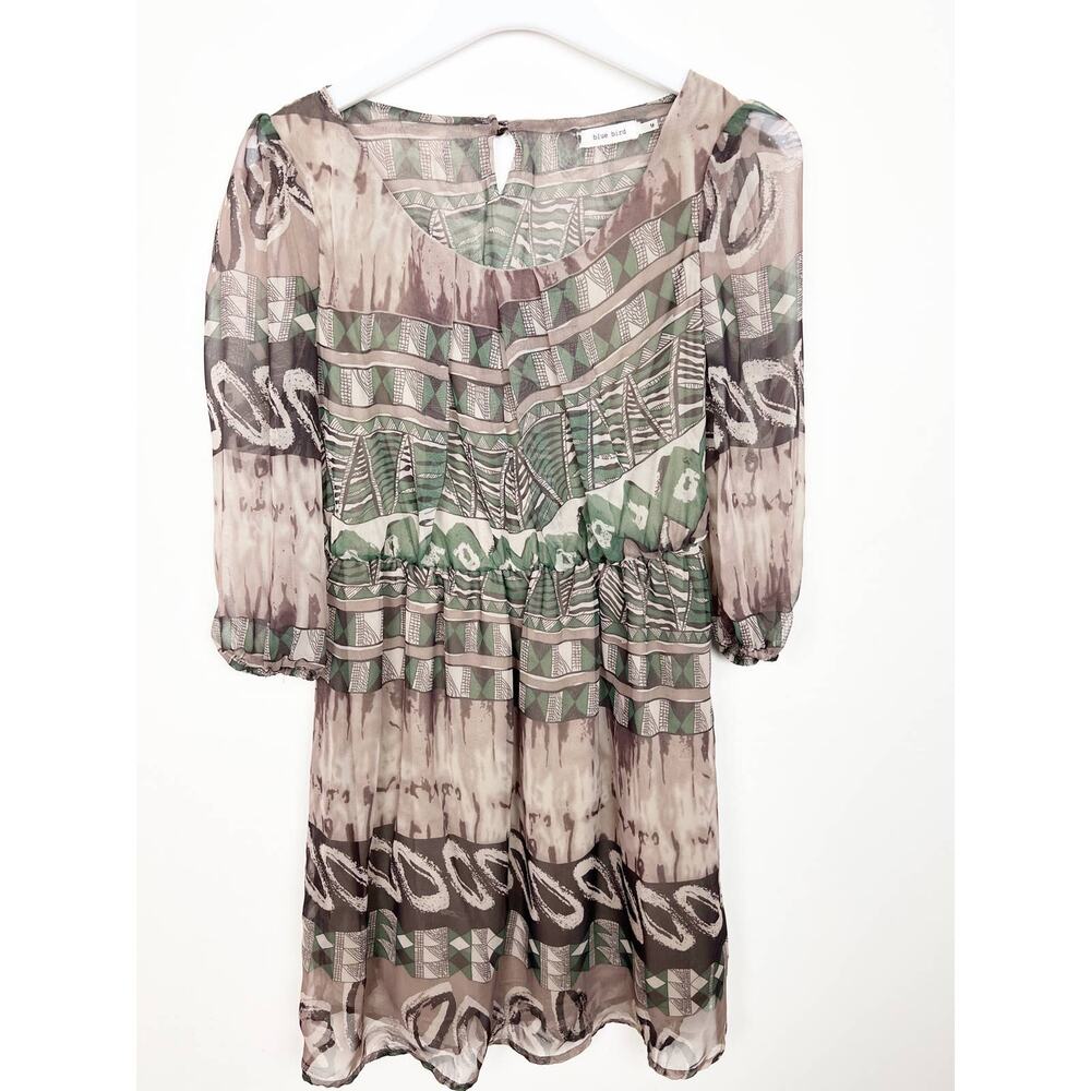 Blue Bird Brown Tan Green Sheer Geometric Print Dress Size Medium